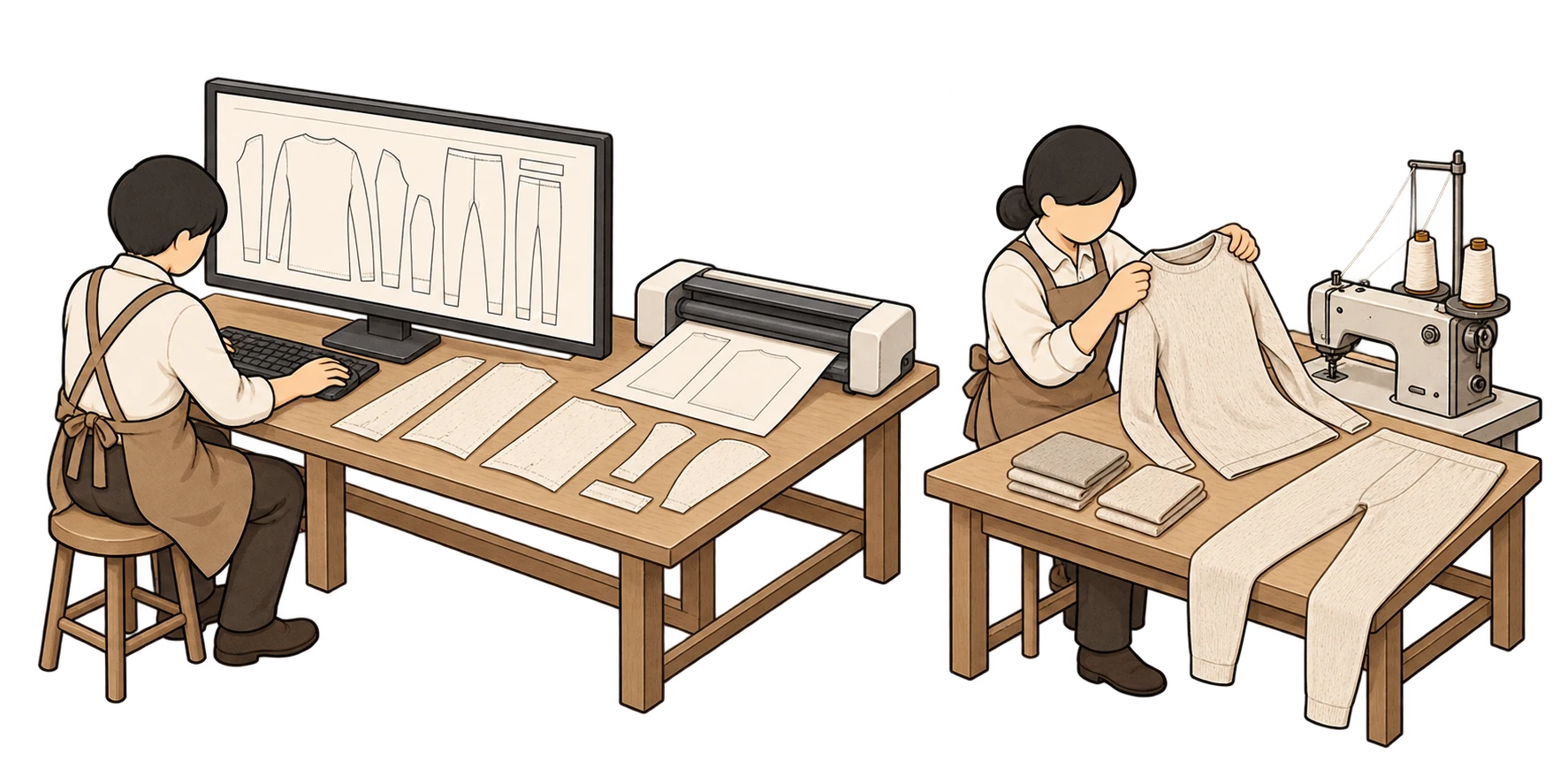 二次元CADによるパターン作成と薄手のウールインナーのサンプル製作イメージ